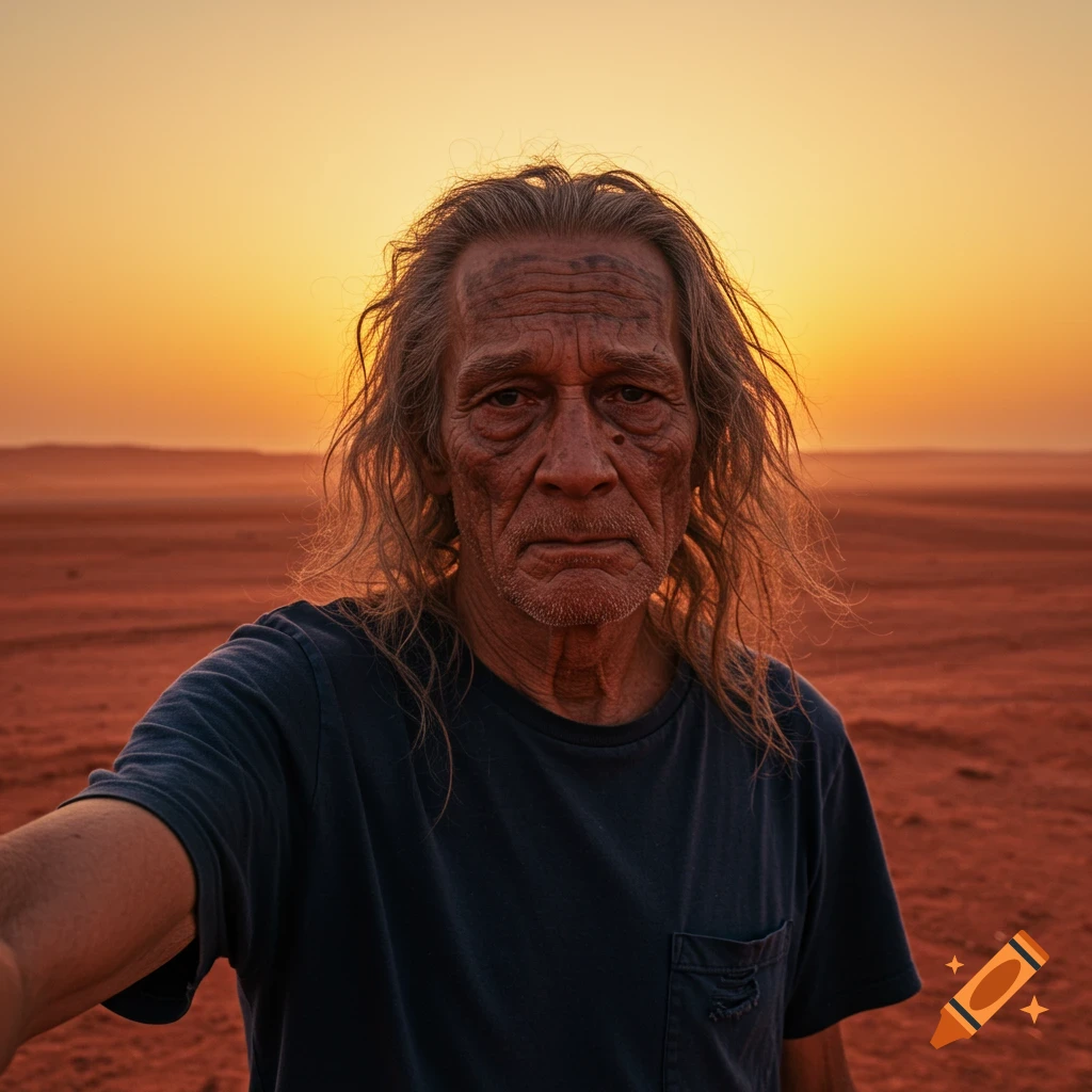 Older man takes a selfie in a vast red desert at sunset.