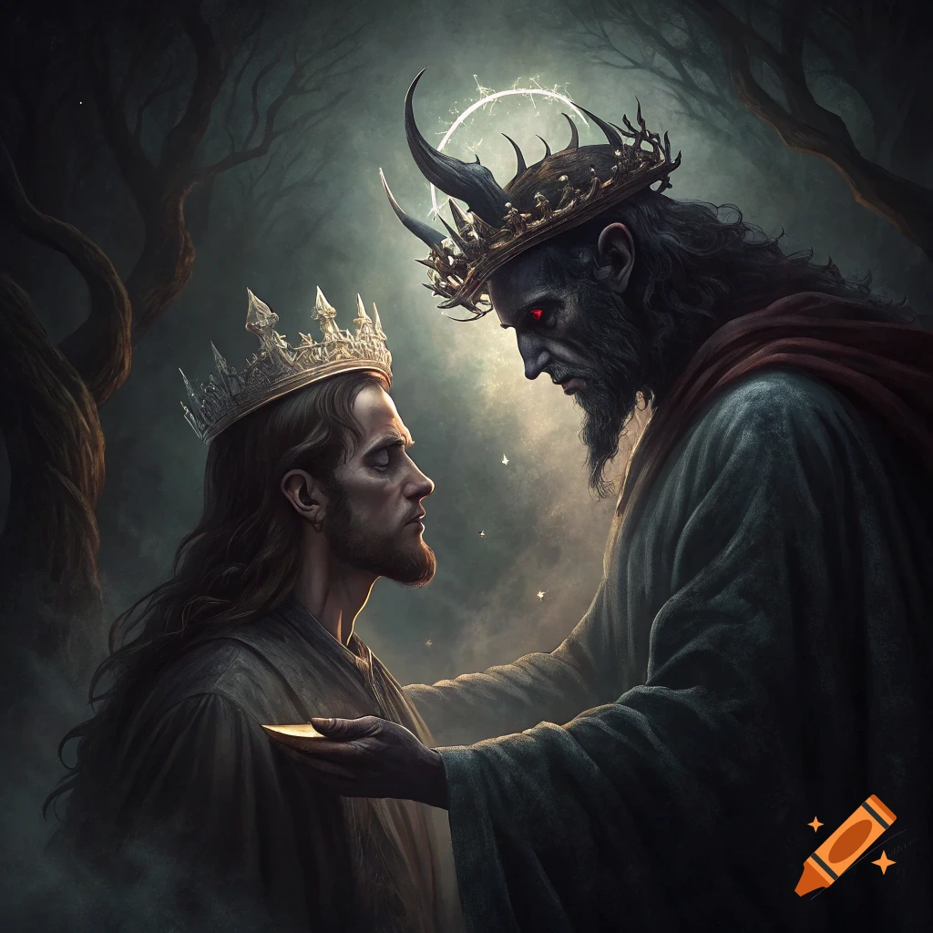 A dark fantasy painting of Satan offering a crown to Jesus in a forest.