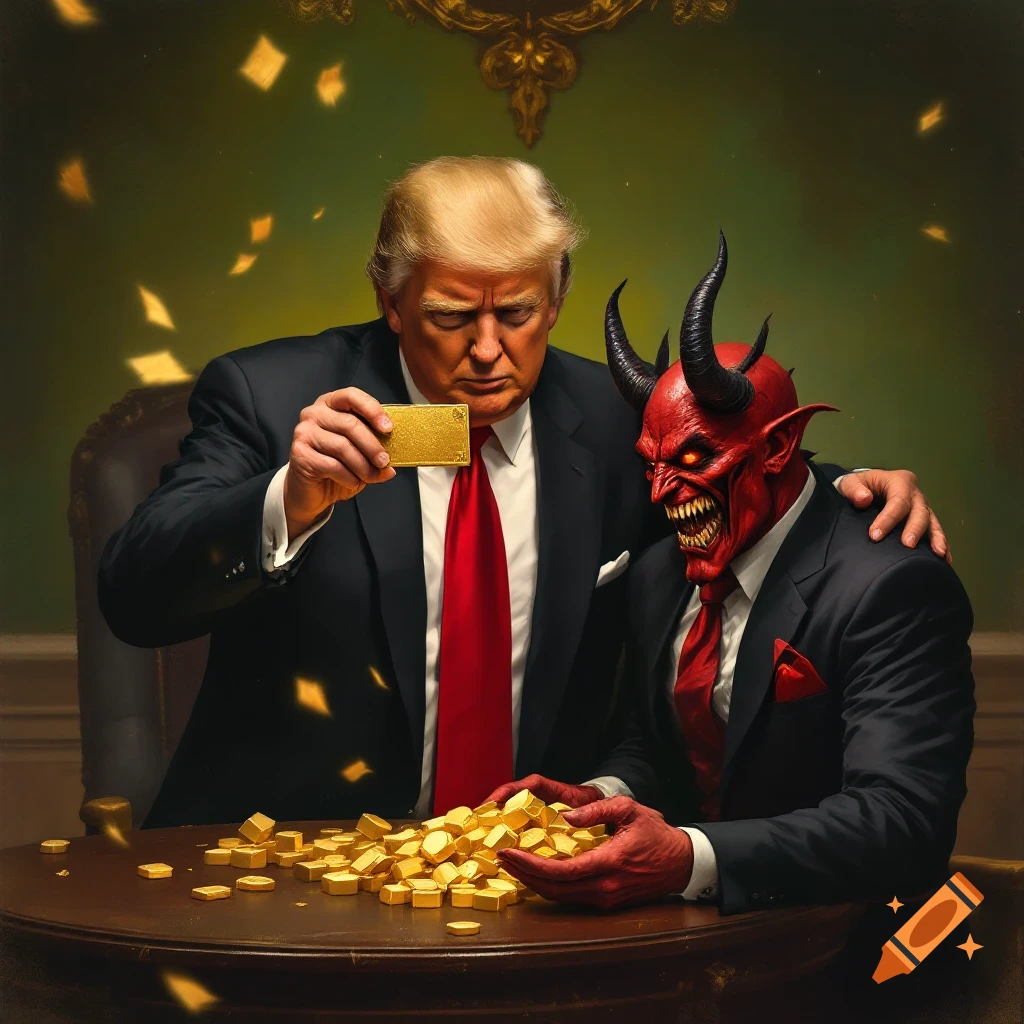 Donald Trump shows a gold card to a red-skinned Devil across a table piled with gold.