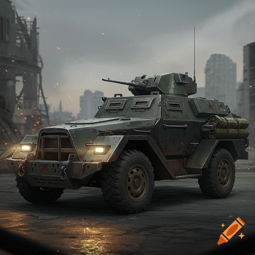 A military armored vehicle in a ruined city.
