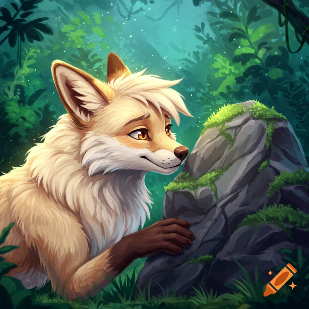 A furry fox looks at a mossy rock in a forest.