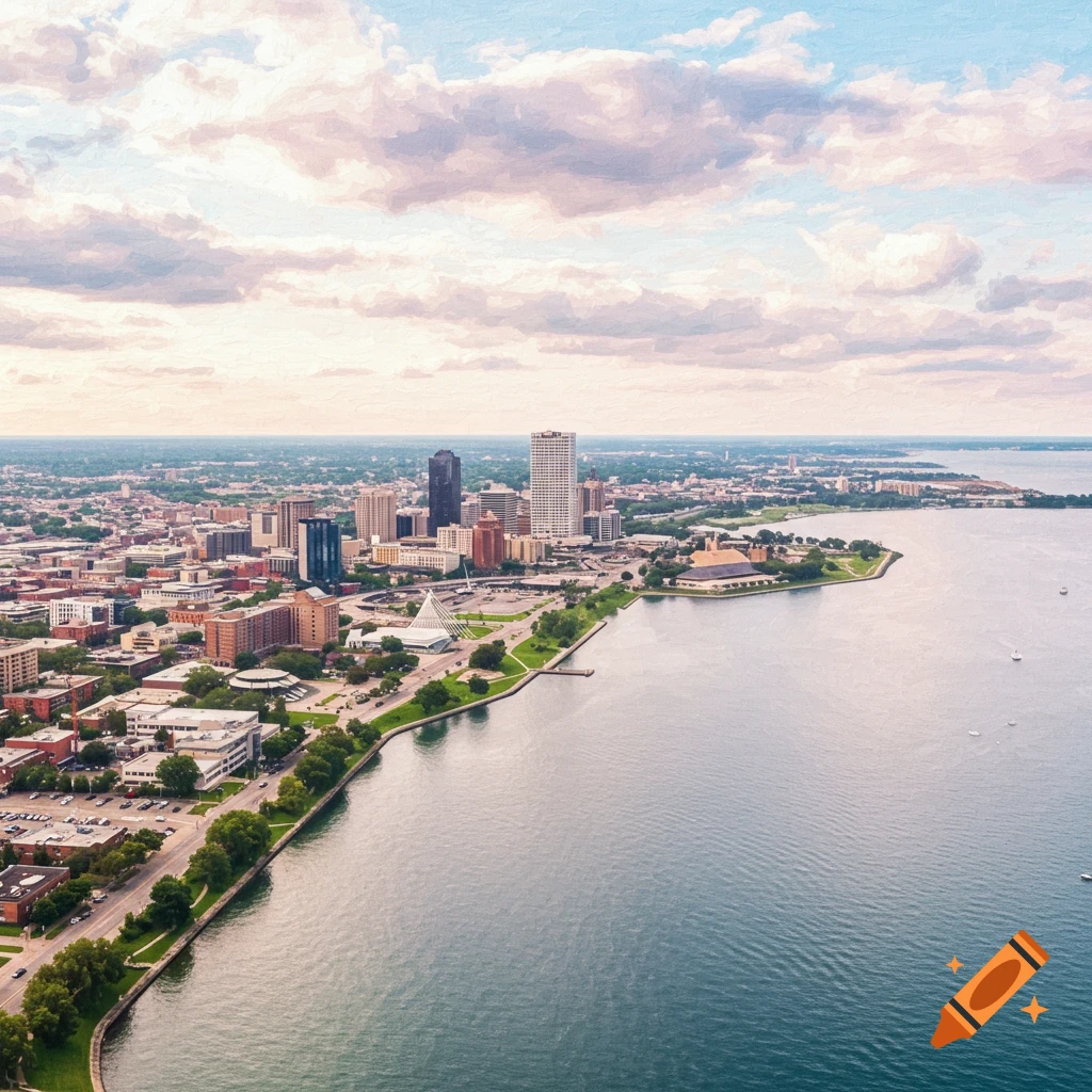Aerial view of Milwaukee Wisconsin cityscape next to water, in impressionist style.
