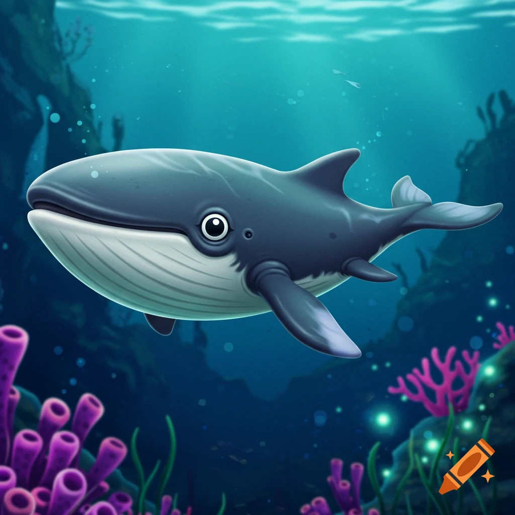 Cartoon whale swimming underwater with coral and plants.