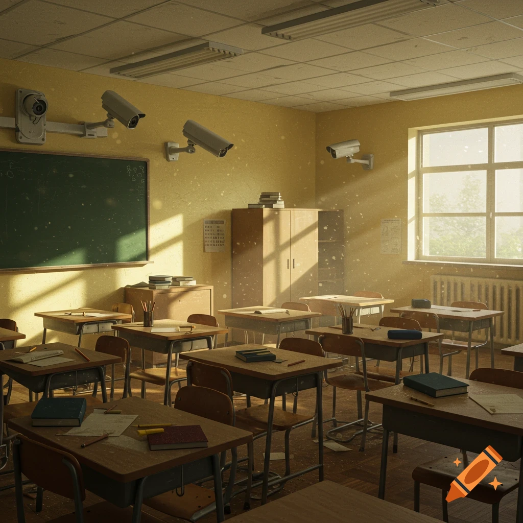 An empty classroom with surveillance cameras.