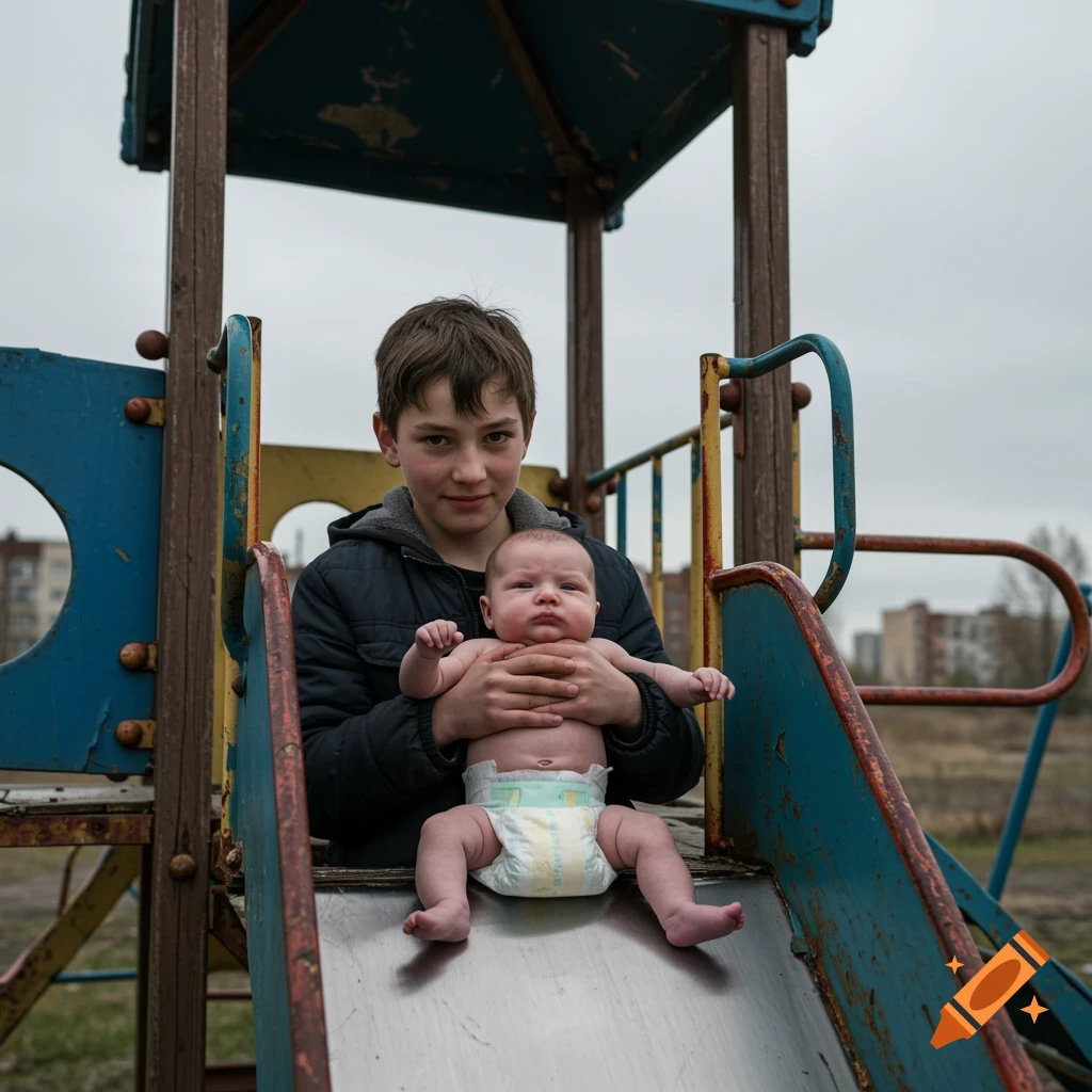 Teenage boy holds a baby in a diaper on a rusty slide in an abandoned playground on an overcast day.