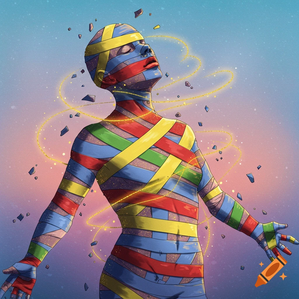 A person wrapped in colorful tape, floating among debris and golden light.