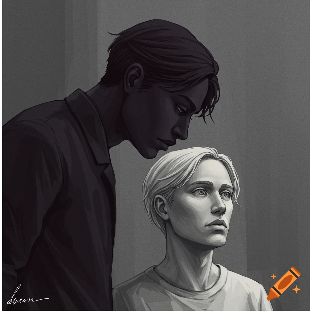 Grayscale illustration of a dark-skinned man looming over a light-skinned man.