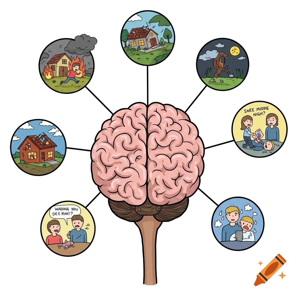 Cartoon illustration of a brain diagram with vignettes showing stressful events like fire, storm damage, injury, bad dreams, and fear.