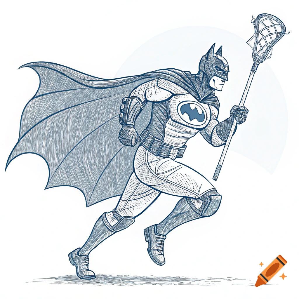 Sketch illustration of Batman running with a lacrosse stick