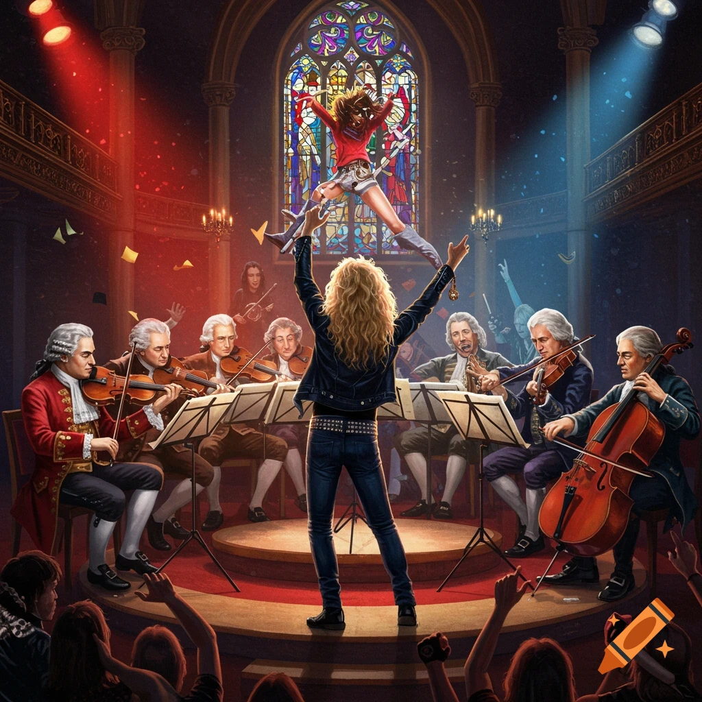 A rock band and orchestra are performing in a church with a woman jumping.