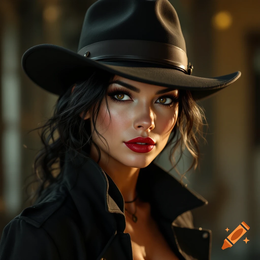 Photorealistic portrait of a woman in a black hat and coat