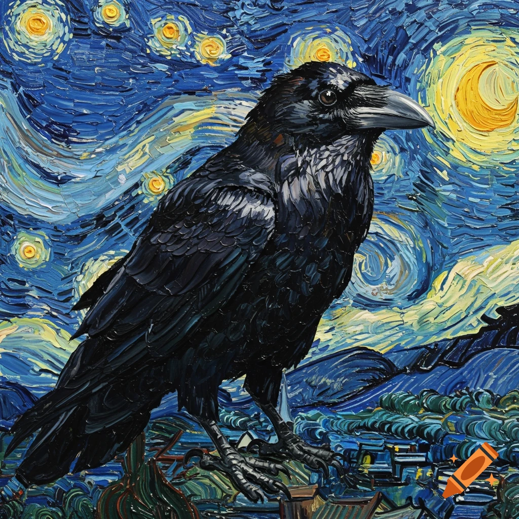A raven depicted in the thick impasto style of Van Gogh's Starry Night.