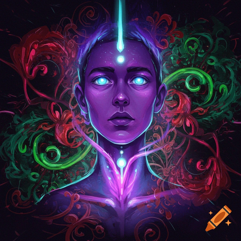 A person with purple skin and glowing eyes is surrounded by psychedelic patterns.