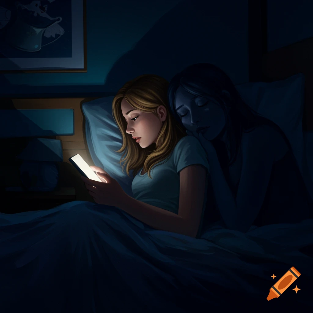 A girl in bed at night looking at her phone, lit by the screen light, with a shadowy figure behind her.