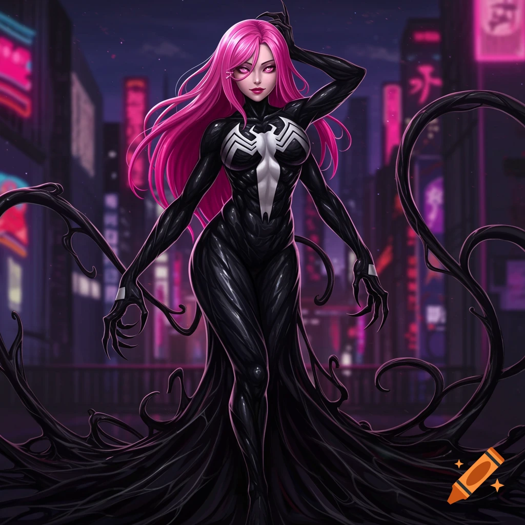 Pink-haired woman in black Venom symbiote dress stands in a neon-lit city street. Anime style.