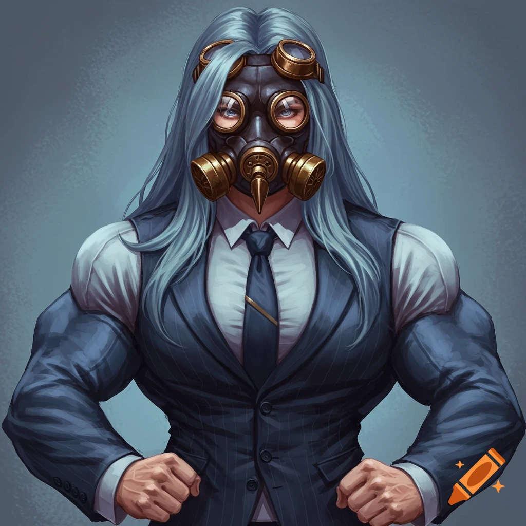 A muscular person with long grey-blue hair wearing a suit, gas mask, and goggles.