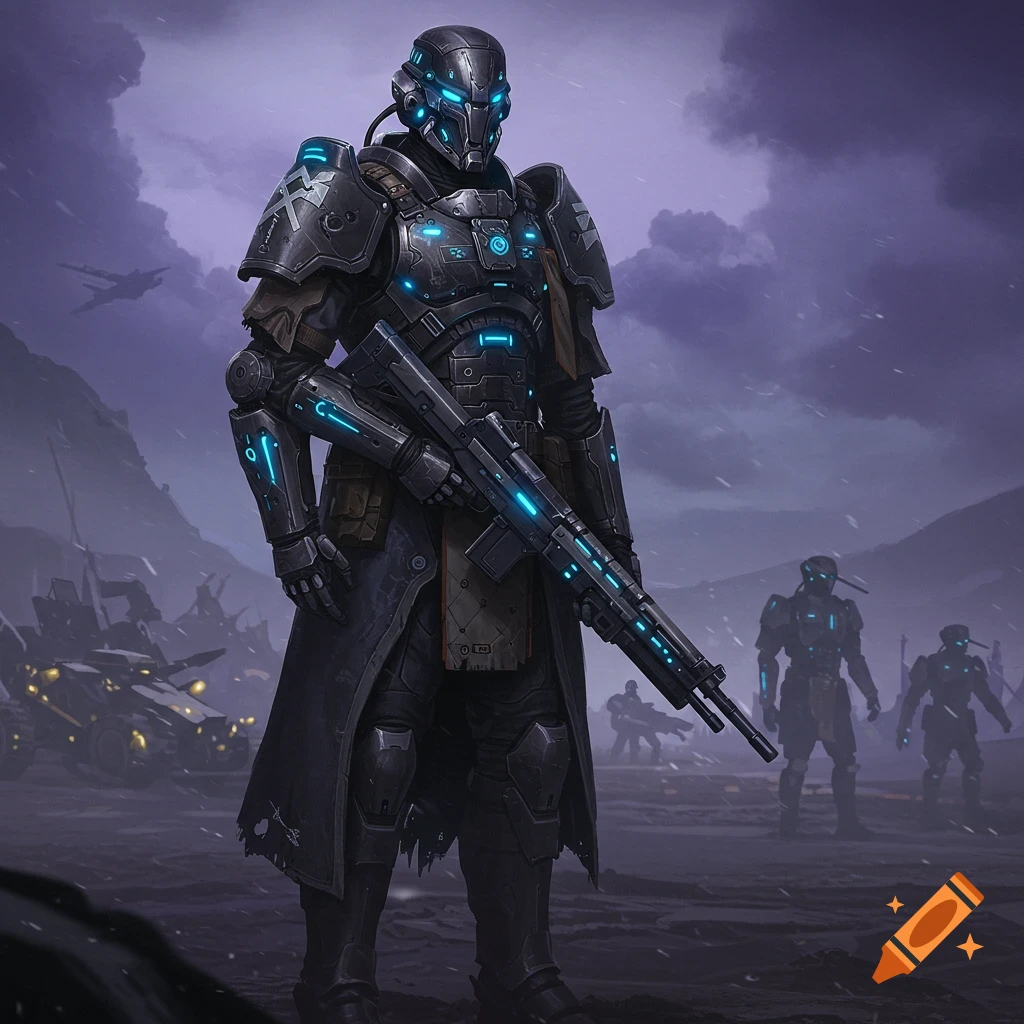 A futuristic military sentinel in dark armor with glowing blue lights, holding a rifle on a snowy battlefield.