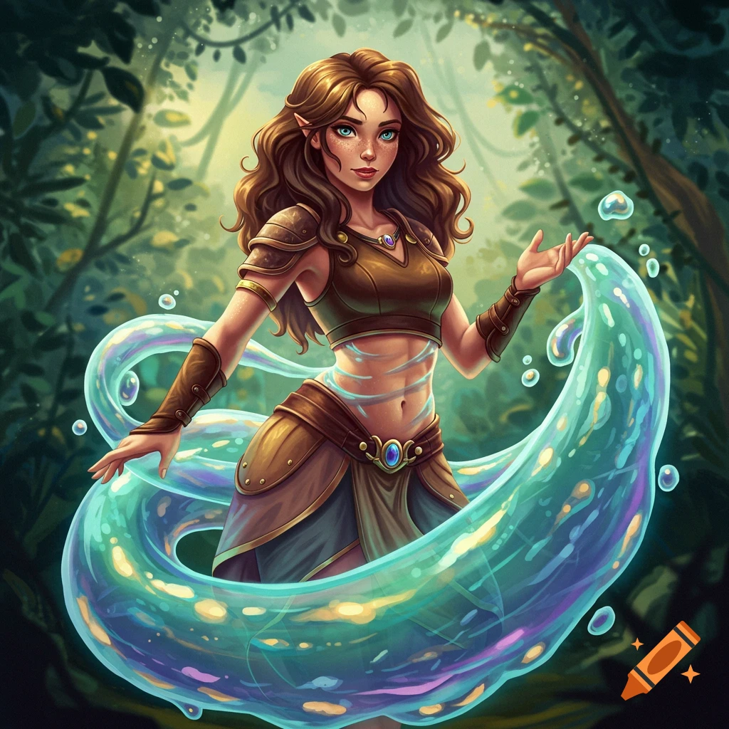 A fantasy portrait of a warrior with brown hair, freckles, and blue eyes, wearing leather armor, and surrounded by swirling translucent slime in a forest setting.