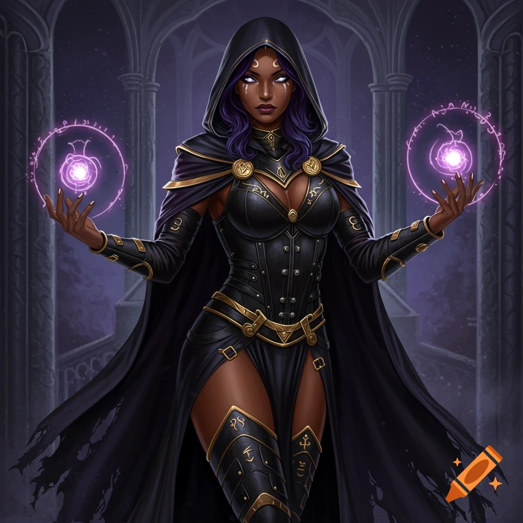 A dark fantasy sorceress in black and gold armor and a hooded cloak, holding glowing purple orbs in a gothic setting.