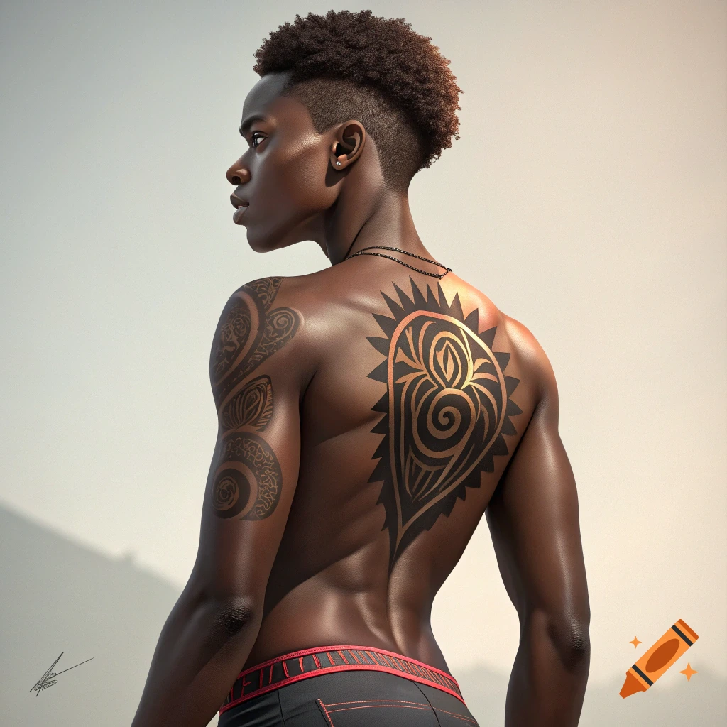 Rear view of a muscular person with tribal tattoos on their back and arm, wearing underwear.