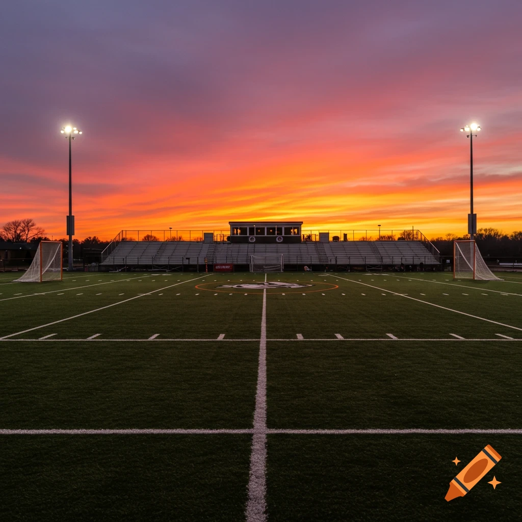 A lacrosse field and stadium seating are illuminated by lights under a vibrant orange and purple sunset sky.