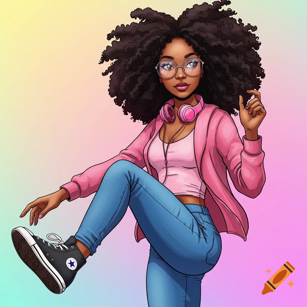 Digital art of a young Black woman with curly hair, glasses, headphones, pink jacket, and jeans posing.