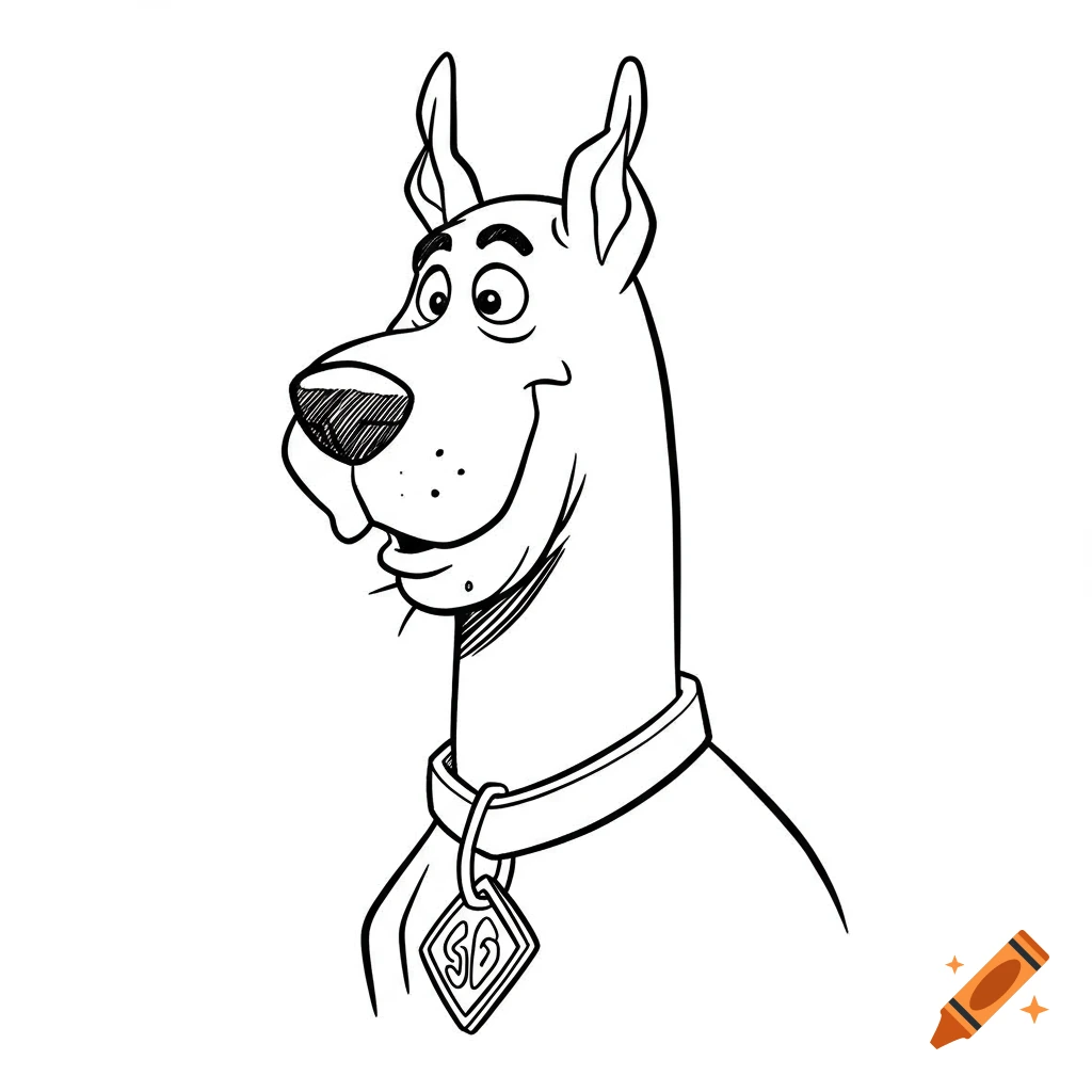 Black and white line drawing of Scooby-Doo's head and collar.
