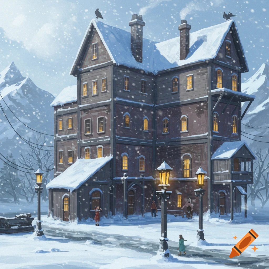 A large, dark building stands in a snowy town during a blizzard. People walk on the snow-covered street near lampposts.
