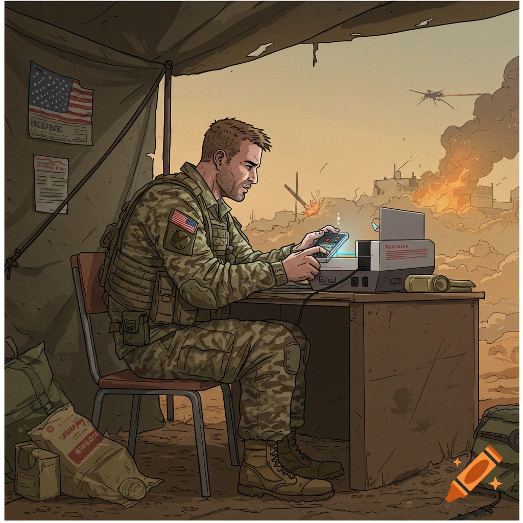 A soldier in uniform is playing a handheld game console at a desk inside a tent, with conflict visible outside.