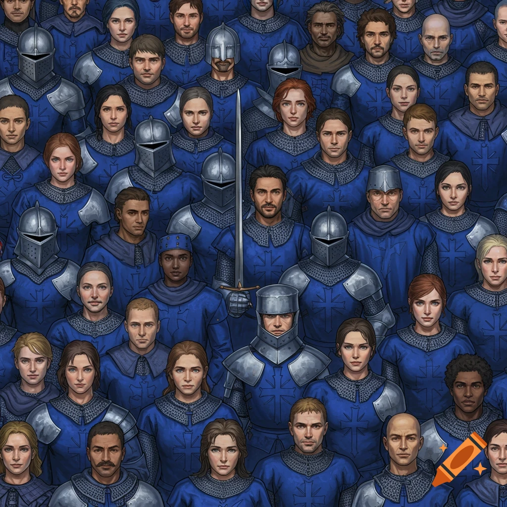 A crowd of knights and medieval people in blue and silver armor