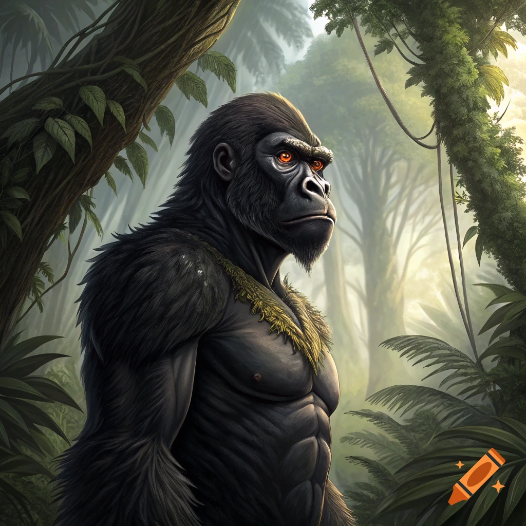 An illustrated portrait of a muscular gorilla with glowing orange eyes standing in a lush jungle.