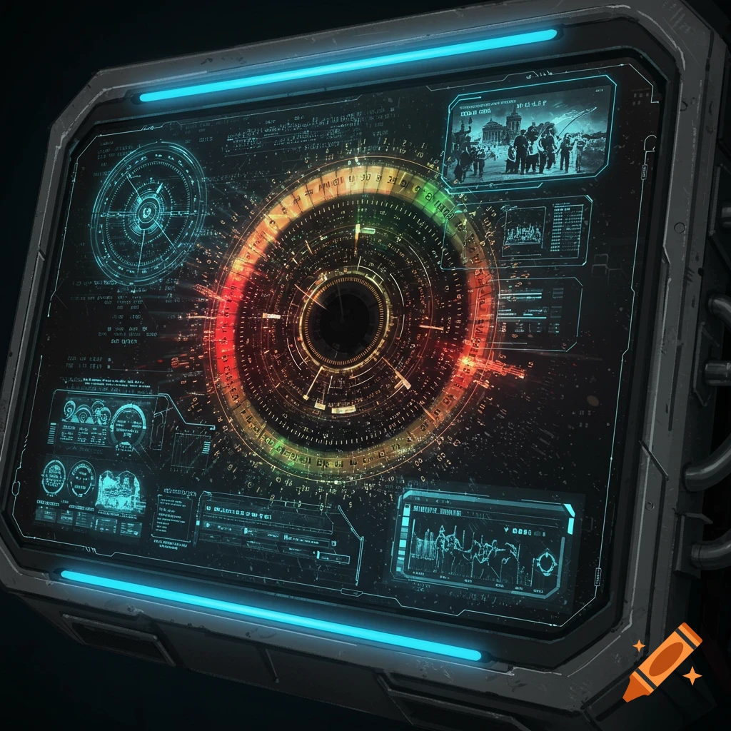 A futuristic screen displaying complex data, graphs, and a central swirling interface.