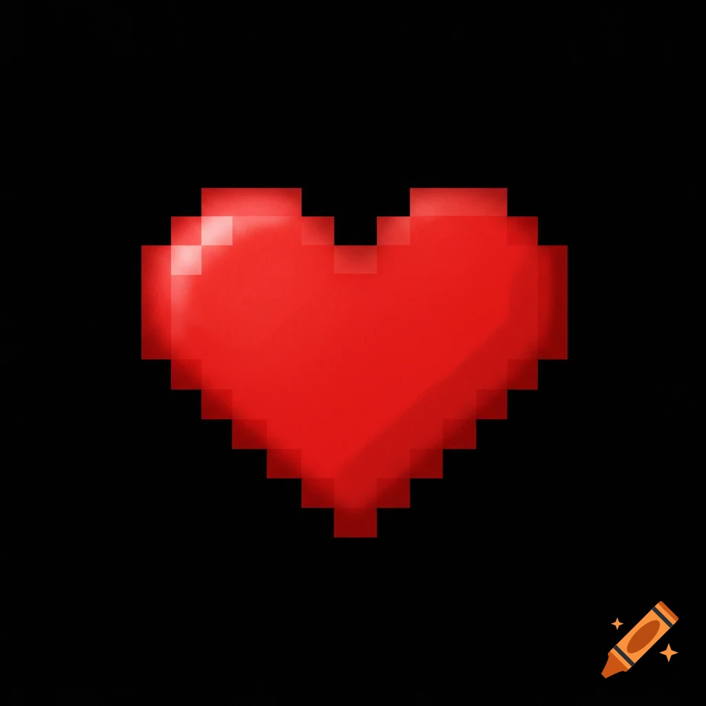 Pixelated red heart on a black background, in a game style