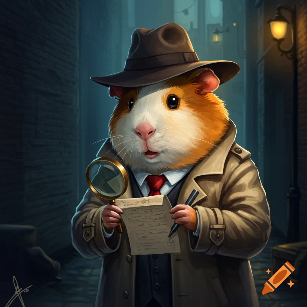 A guinea pig dressed as a detective holds a magnifying glass and paper in a dark alley.