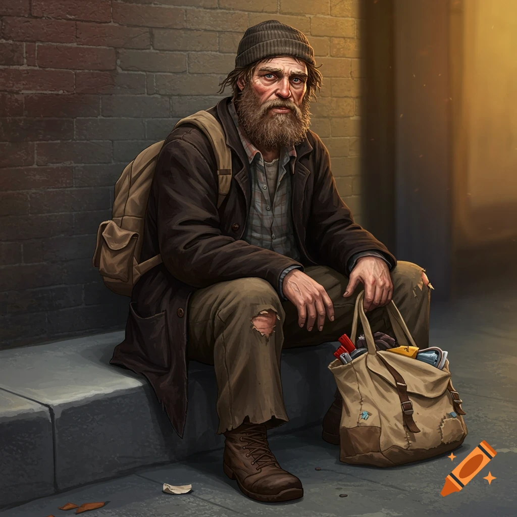 A bearded man in worn clothes is sitting on steps with a backpack and bag.
