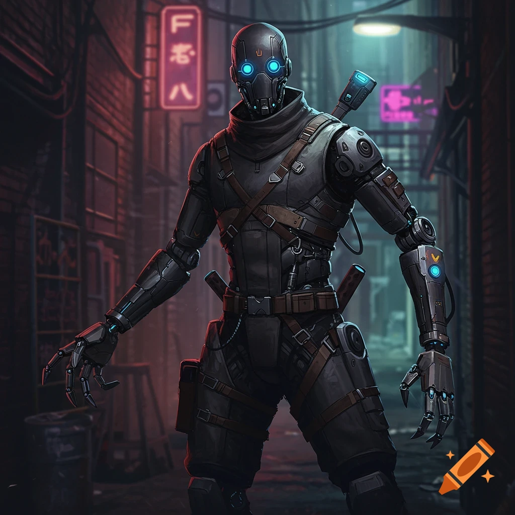 A robot figure stands in a dark, neon-lit cyberpunk alley.