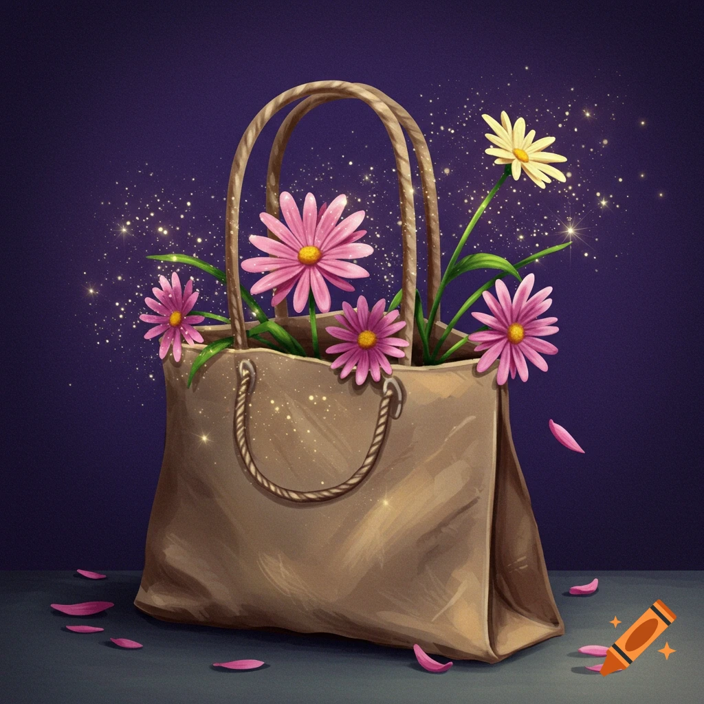A brown bag with pink and yellow flowers spilling out, surrounded by sparkles and fallen petals.