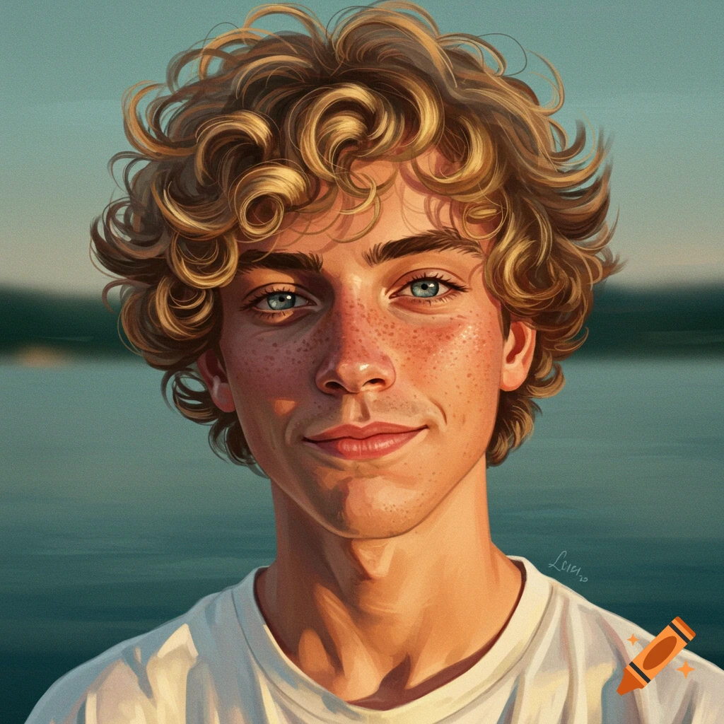 Portrait of a young man with curly blonde hair and freckles smiling.