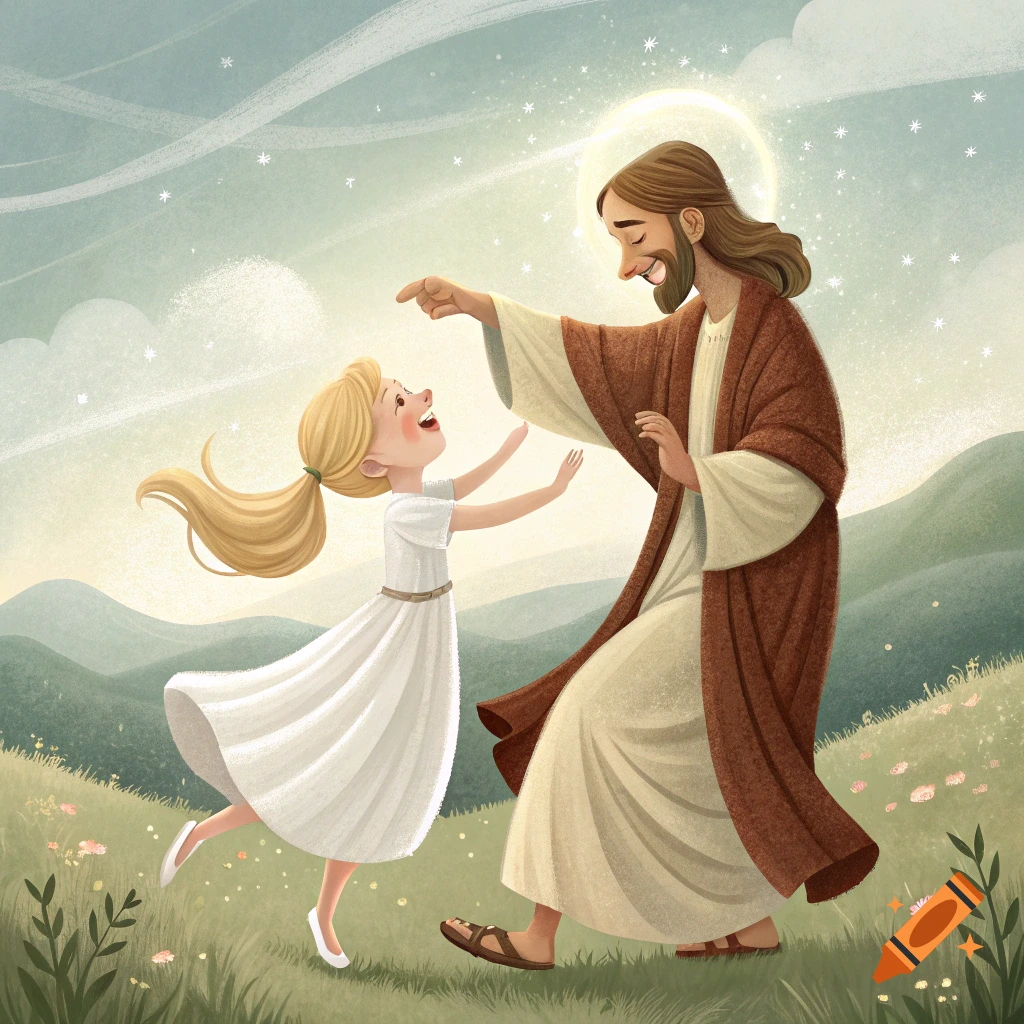 Illustration of a blonde girl dancing with Jesus in a sunny field.