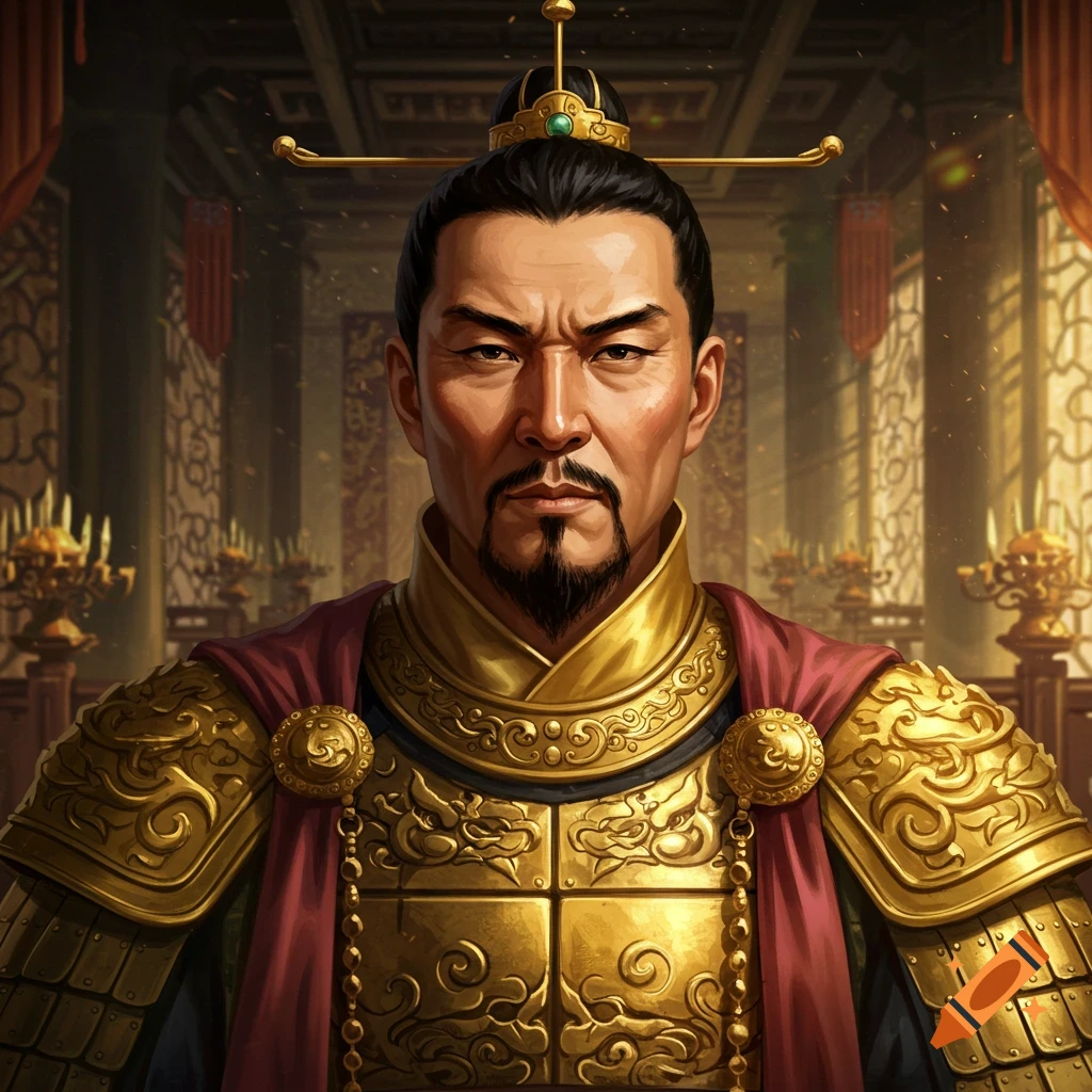 A portrait of a man in ancient Chinese armor and crown.