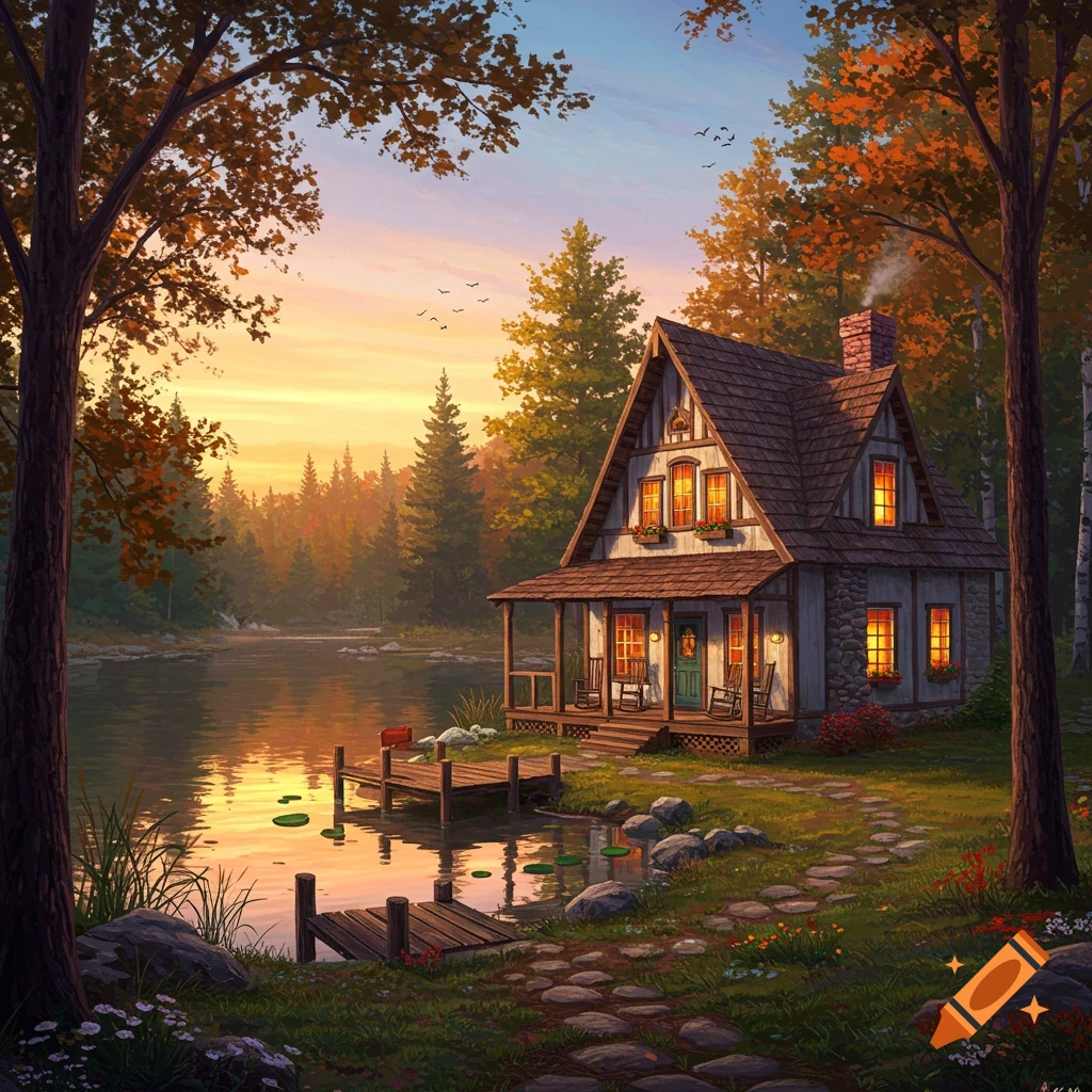 A cottage by a lake in an autumn forest at sunset.