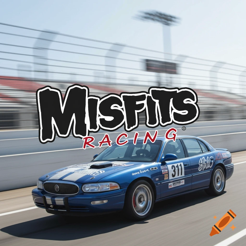 Blue race car with Misfits RACING logo on a track