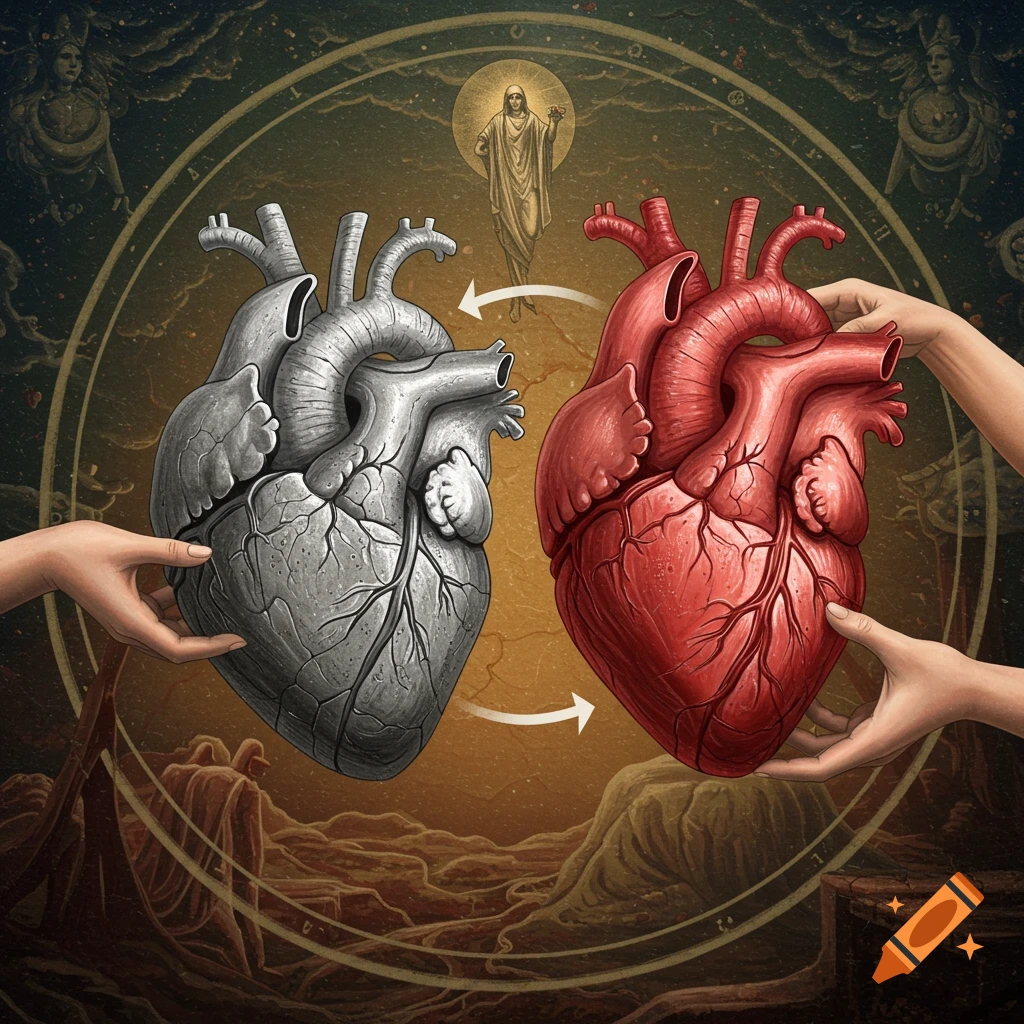 Hands exchanging a stone heart for a flesh heart, with religious and symbolic background elements.