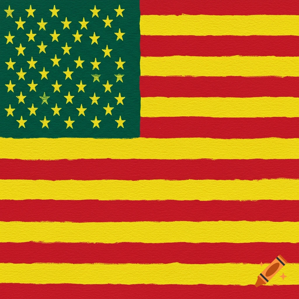 An American flag with red and yellow stripes and green stars on a green background.