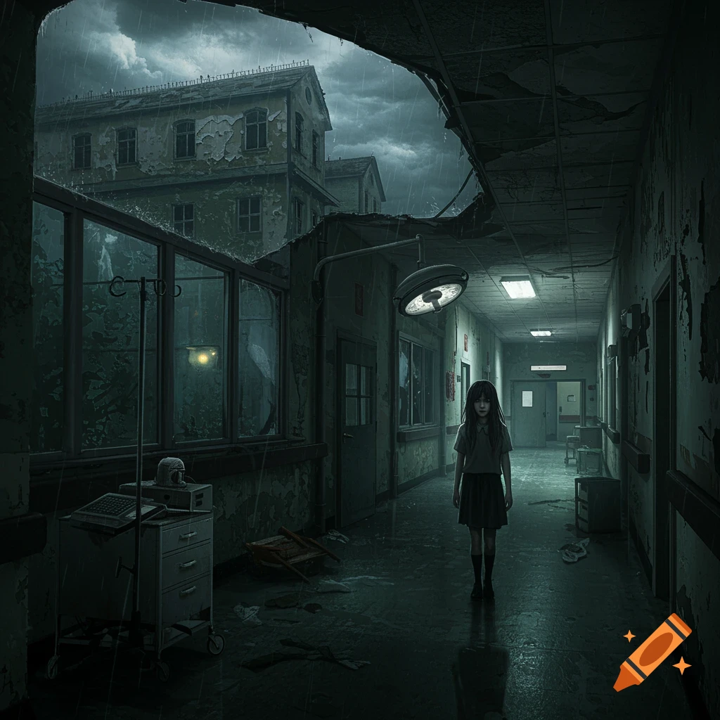A girl stands in a dark, rainy, abandoned hospital hallway.