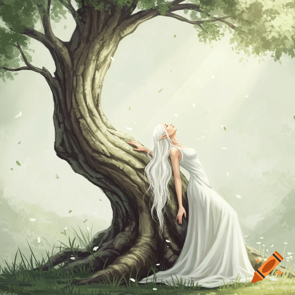 An elf woman in a white dress leaning against a large tree, looking up at light filtering through leaves.