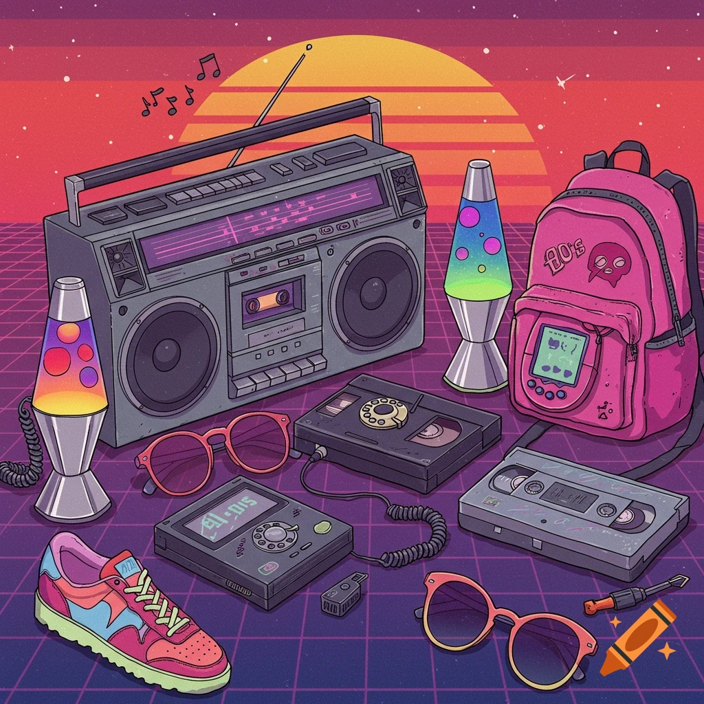 A collection of 90s objects is arranged on a retro grid background. The items include a boombox, lava lamps, and a backpack.