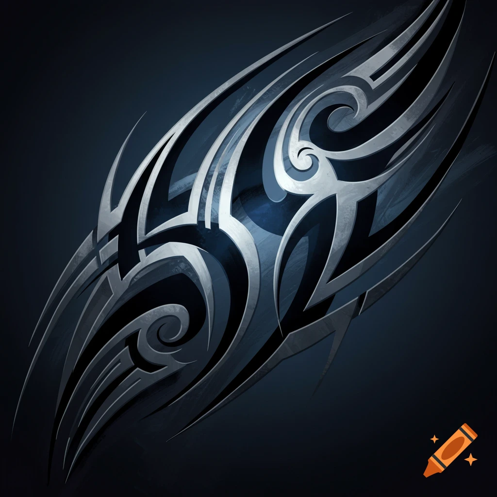 A shiny metallic tribal tattoo design on a dark background.