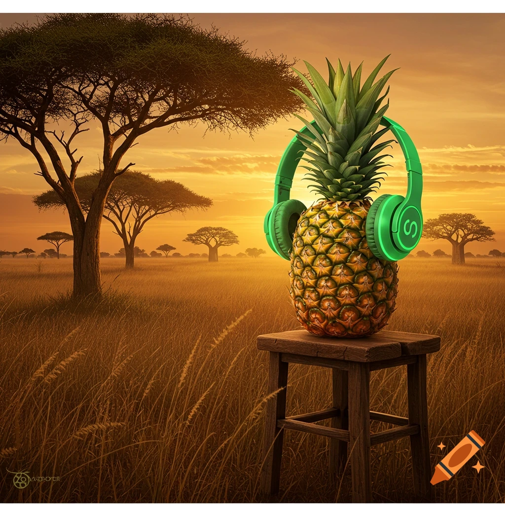 A pineapple wearing green headphones sits on a stool in an African savanna at sunset.