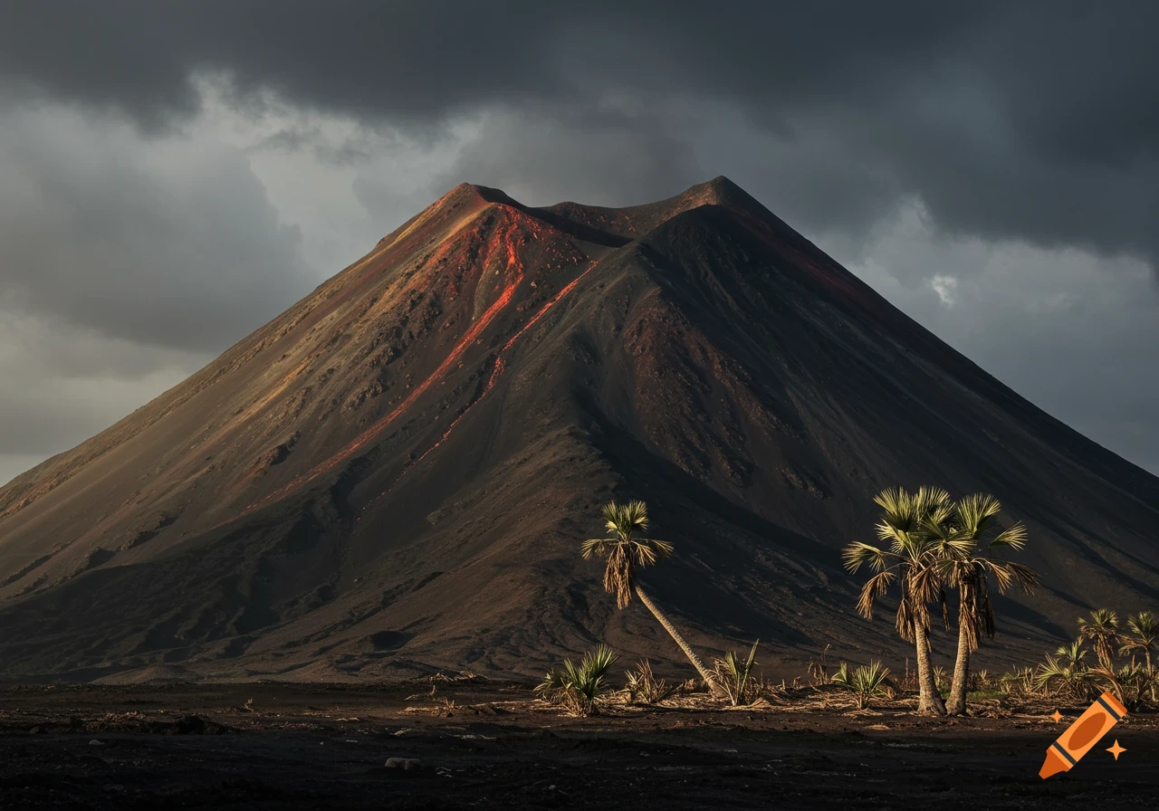 Volcano erupting lava with palm trees and dark clouds